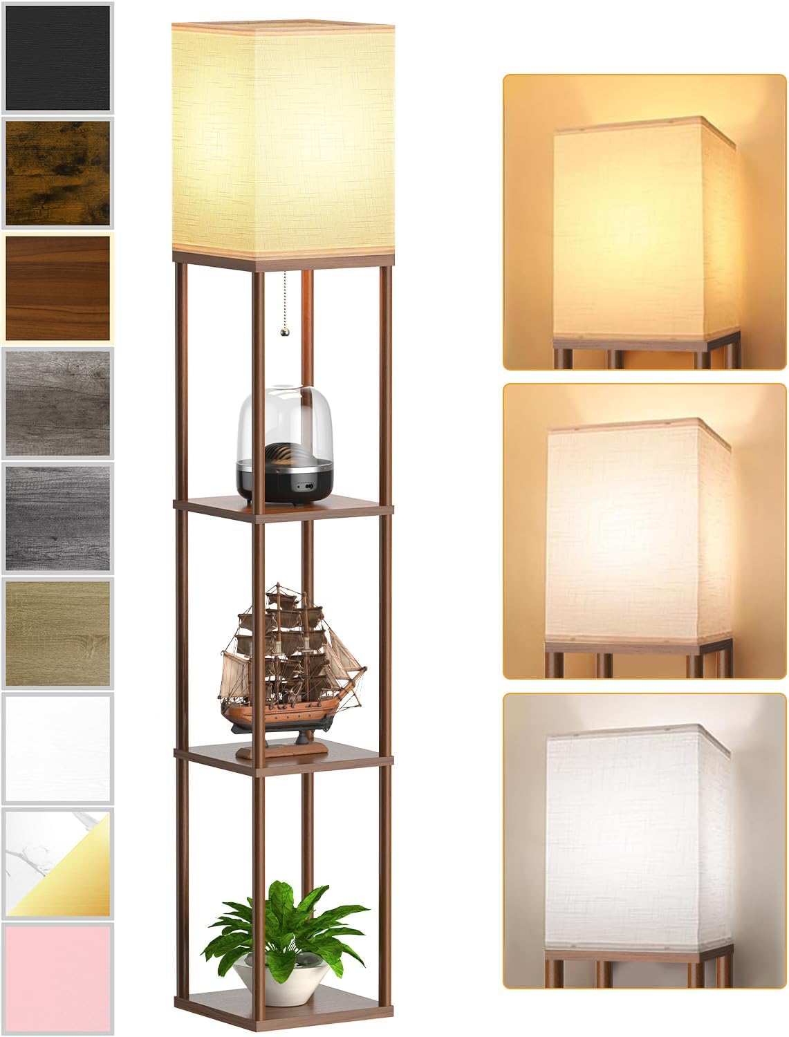 Shelf floor lamp with linen shade and display tower standing in a bedroom corner