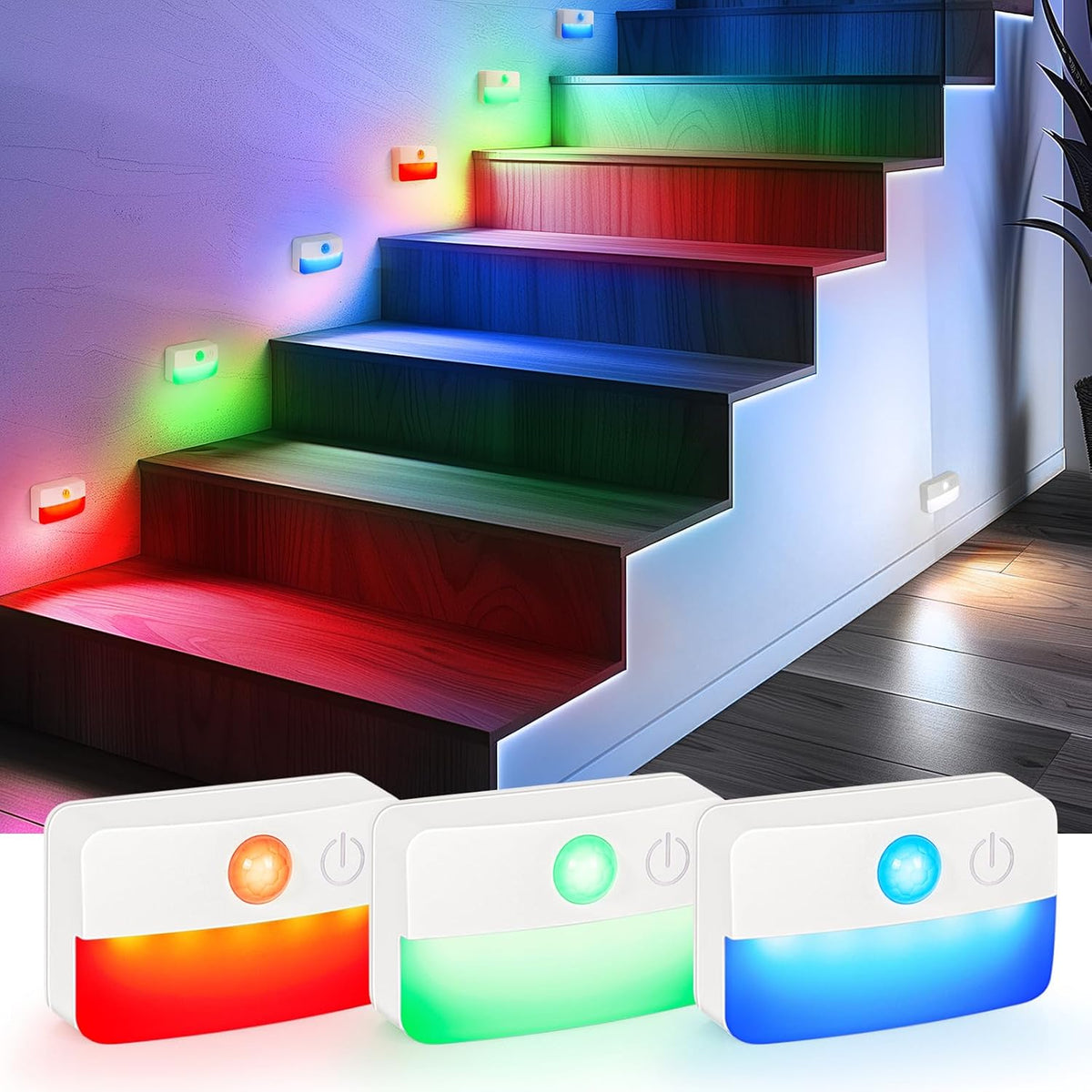 Battery powered motion sensor stair lights mounted on steps casting soft warm light