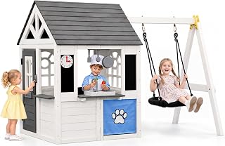 Wooden Outdoor Playhouse with Play Kitchen, Swing and Chalkboard - White