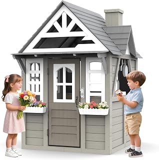 Cedar Wooden Outdoor Playhouse with Play Kitchen, Doorbell and Toy Sink - Gray