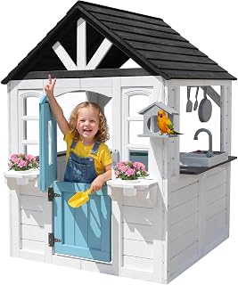 Cedar Wooden Outdoor Playhouse with Play Kitchen, Doorbell and Half Door