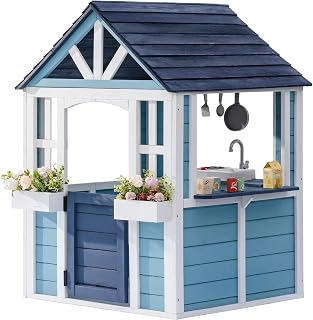 Wooden Outdoor Playhouse with Toy Sink and Flower Boxes