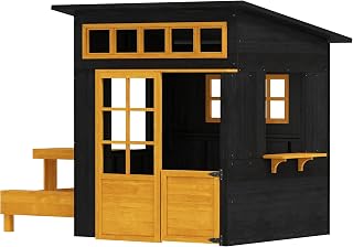 Fir Wood Outdoor Playhouse with Picnic Table, Chalkboard and Bench