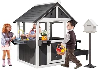 Wooden Outdoor Playhouse with Picnic Table, Toy Sink and Flower Boxes - Gray / White