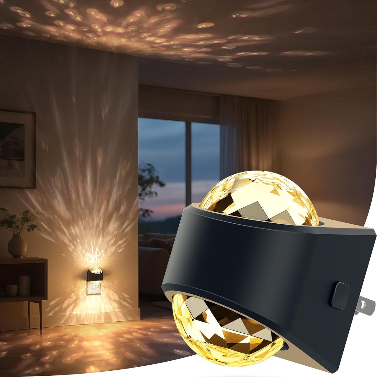 Plug in projector night light casting a soft white glow across a dark bedroom wall