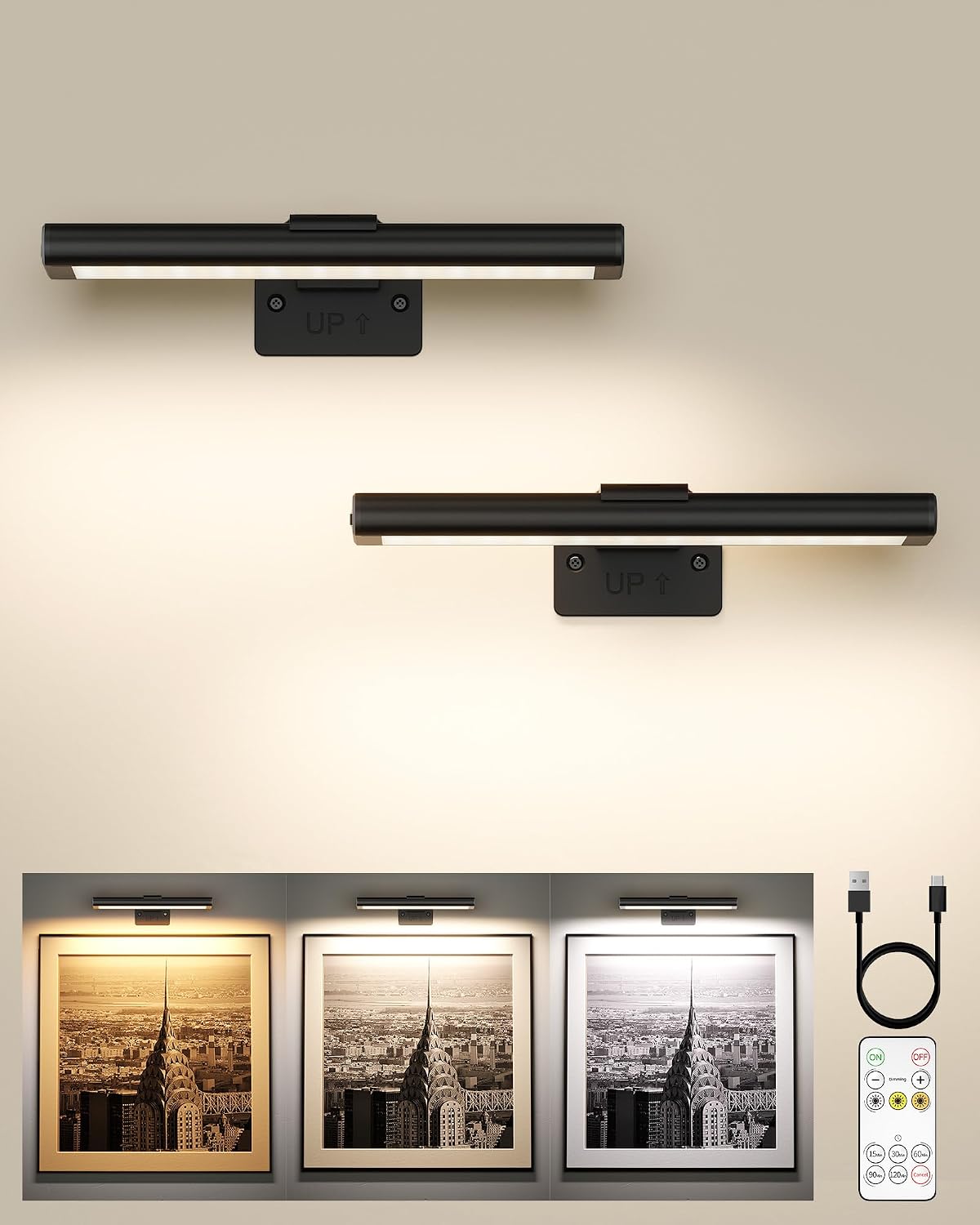 Rechargeable picture light mounted above a framed painting casting warm gallery light