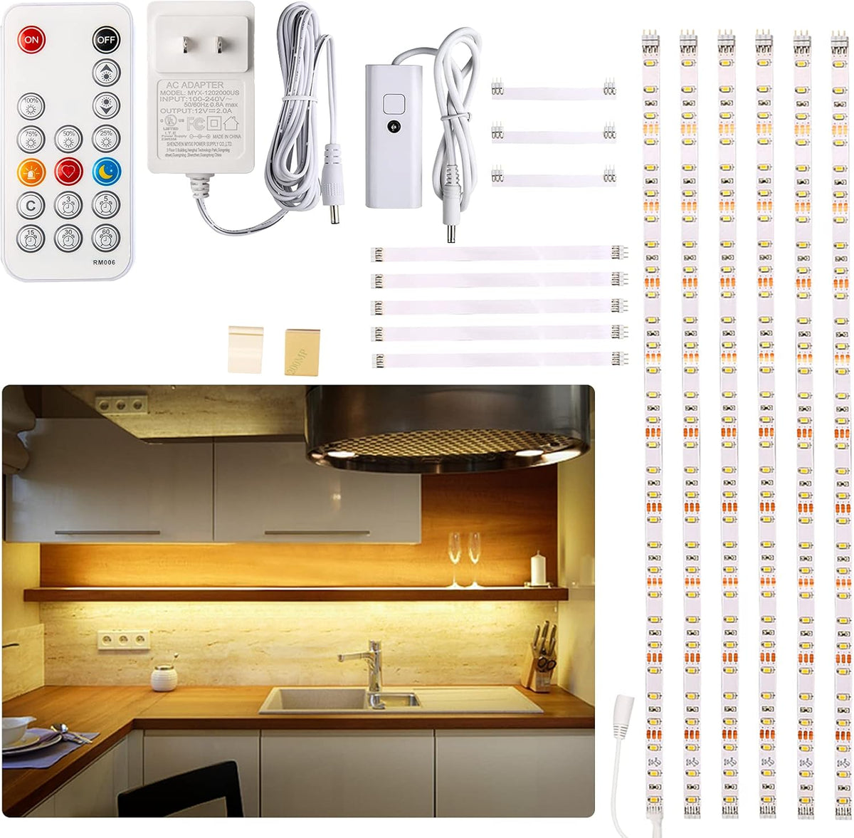 Under cabinet LED strip light kit casting warm white light across a kitchen counter