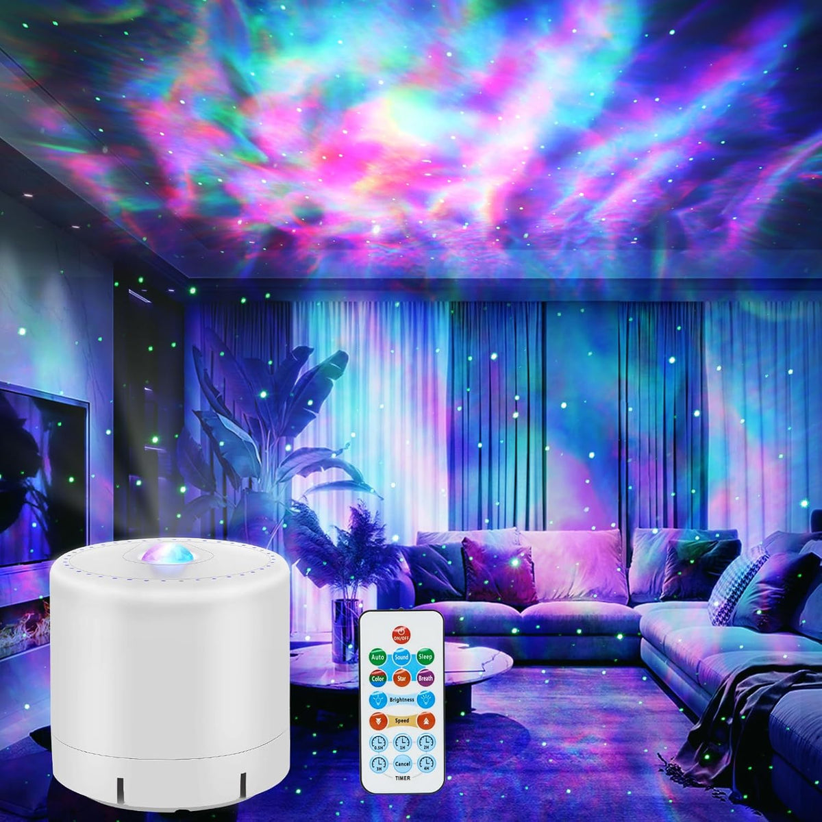 Galaxy star projector night light casting stars across a dark bedroom ceiling