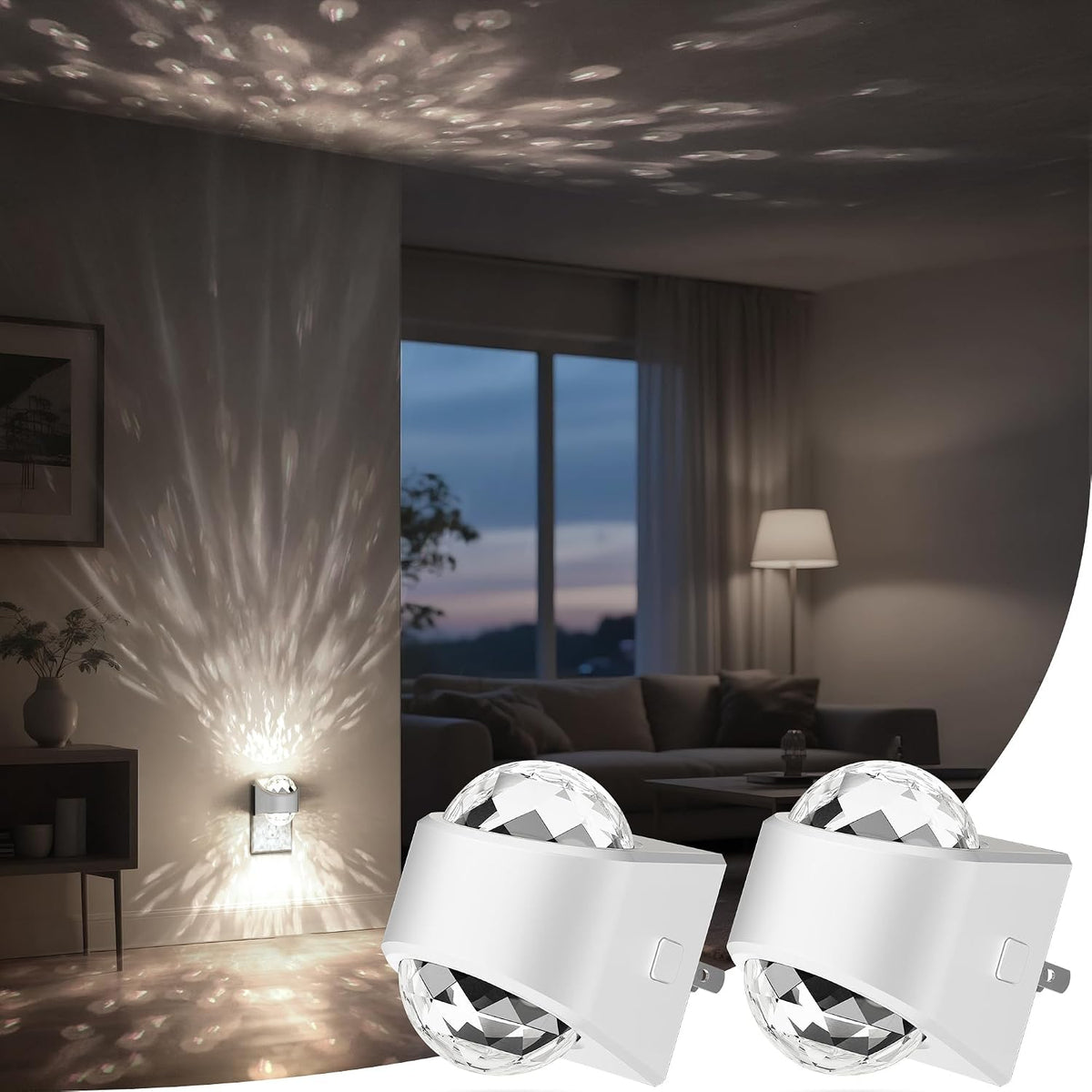 Plug in projector night light casting a soft white glow across a dark bedroom wall