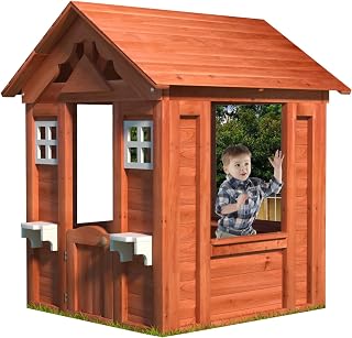 Wooden Outdoor Playhouse with Flower Boxes and Windows