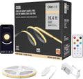 COB LED strip light glowing warm white under a kitchen cabinet along a counter