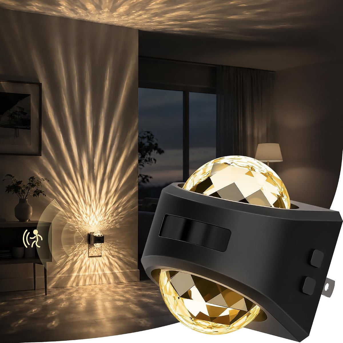 Plug in projector night light casting a soft white glow across a dark bedroom wall