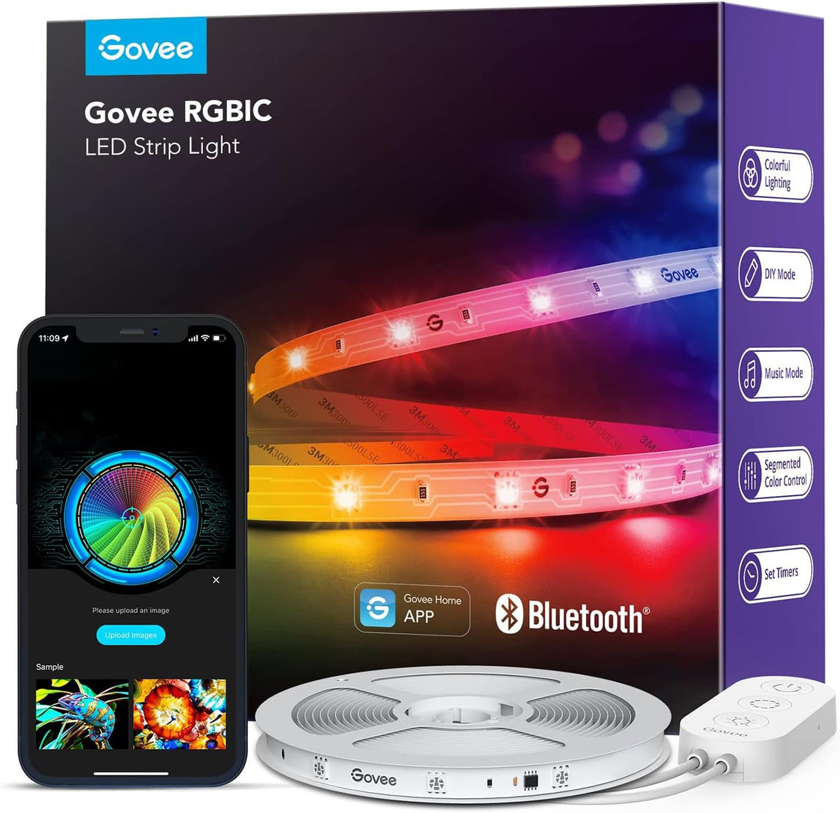 RGB LED strip lights glowing in multiple colors behind a bedroom headboard