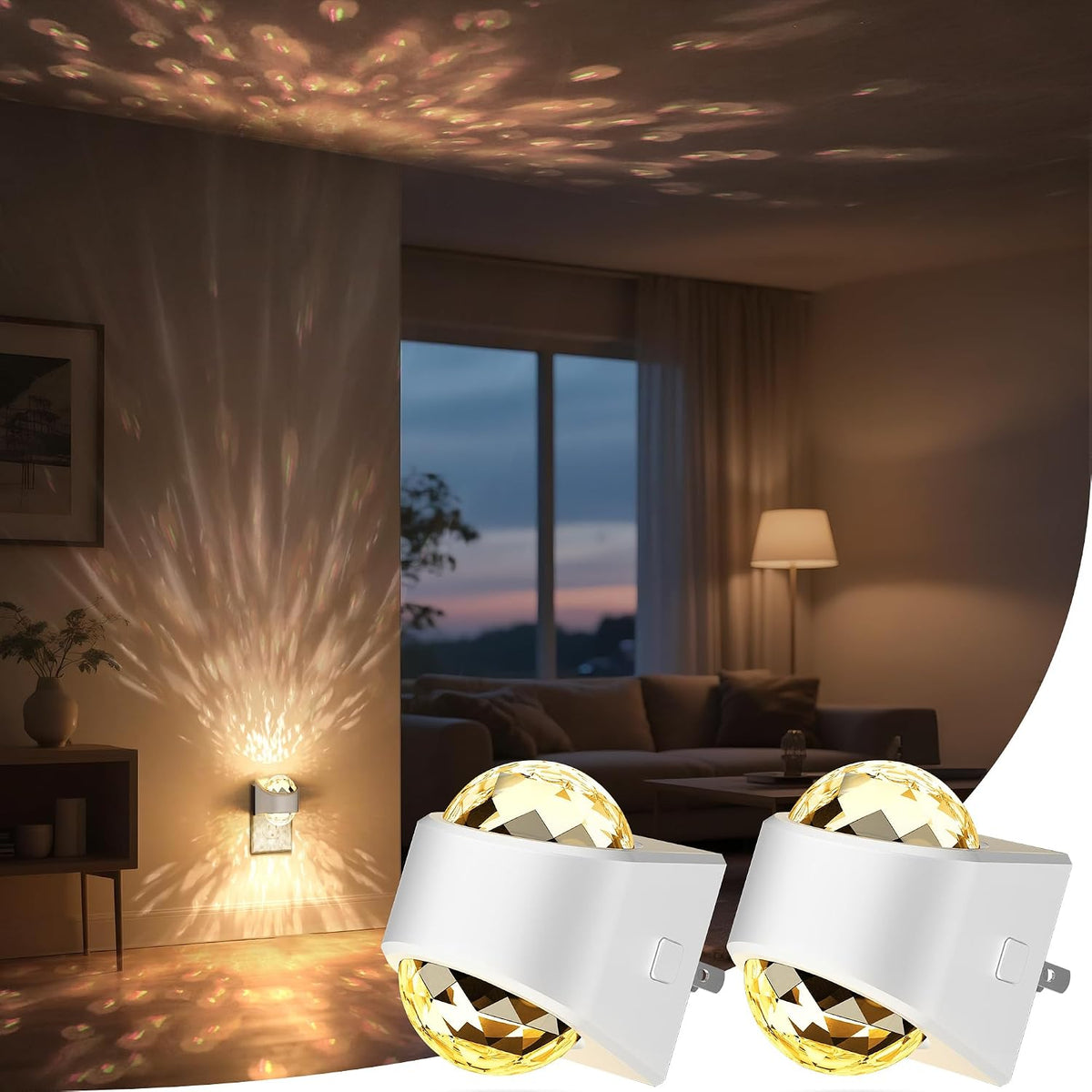 Plug in projector night light casting a soft white glow across a dark bedroom wall