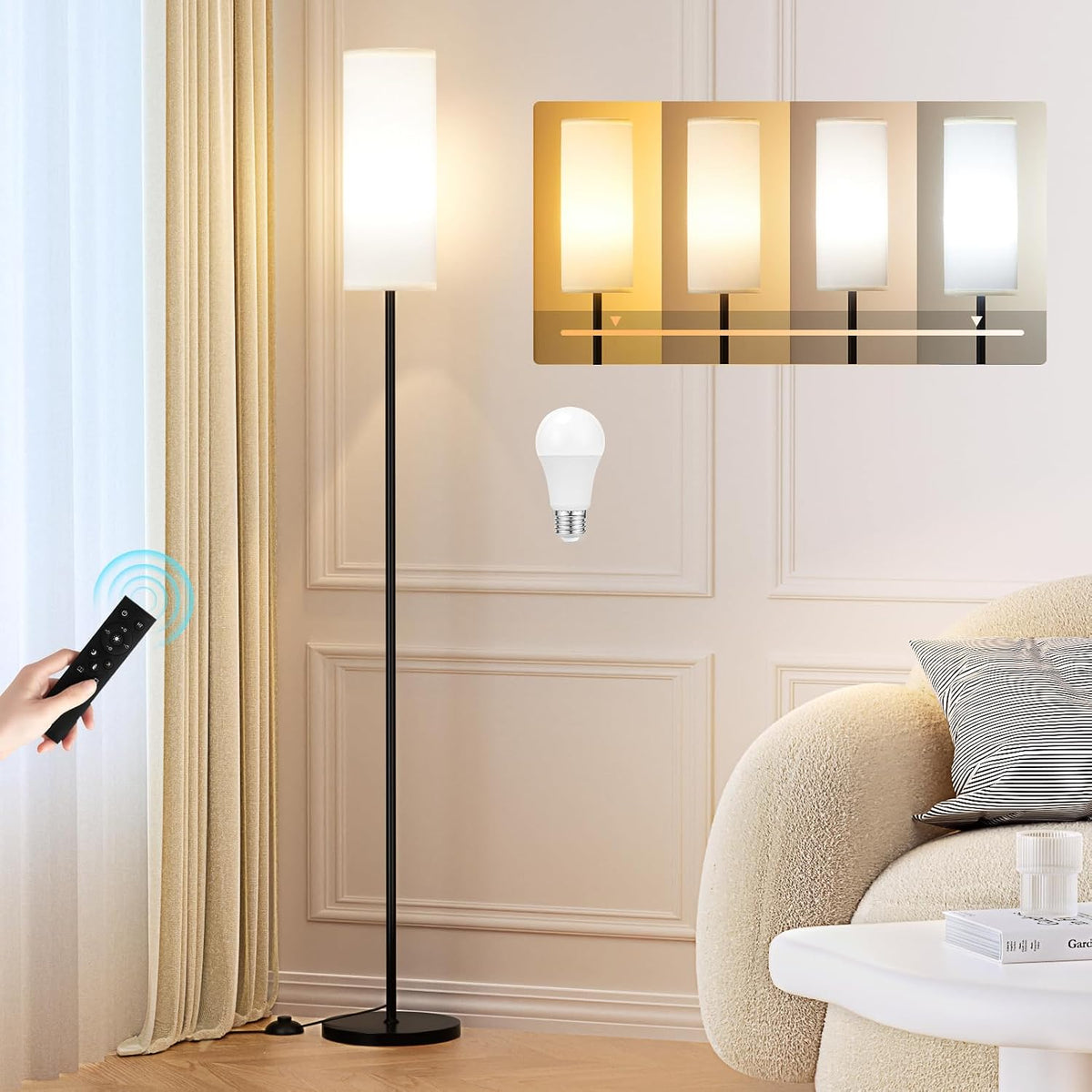 Modern 64 inch floor lamp with rattan shade glowing beside a sofa in a living room
