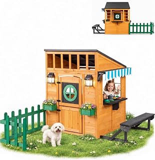 Outdoor Playhouse with Play Kitchen and Lights - Natural