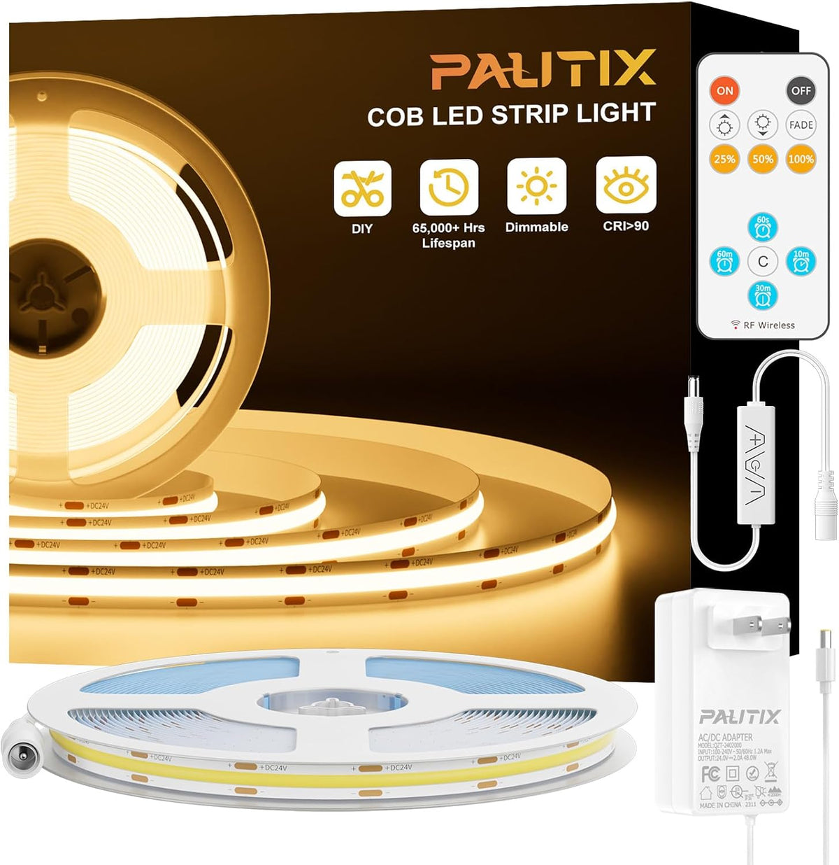 Warm white COB LED tape light glowing under cabinets along a kitchen work surface