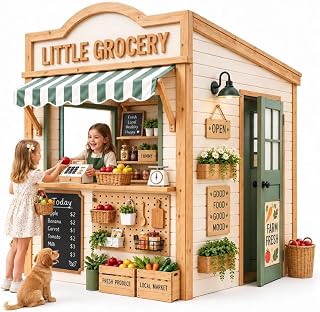 Cedar Wooden Outdoor Playhouse with Play Kitchen, Chalkboard and Flower Boxes - Light Beige