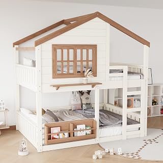 Twin Size House Bunk Bed with Ladder and Guardrails - Beige / Natural