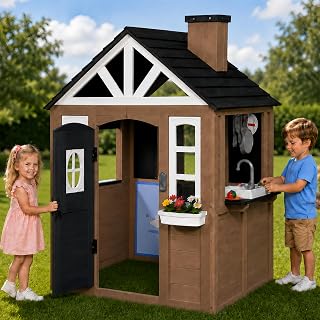 Wooden Outdoor Playhouse with Play Kitchen, Doorbell and Chalkboard - Brown