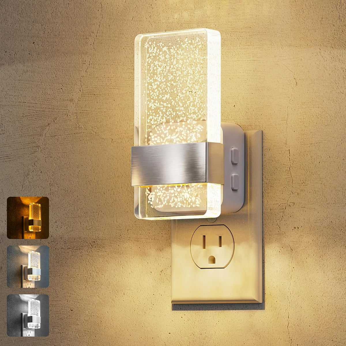 Sconce style plug in night light glowing warmly in a hallway wall outlet at night