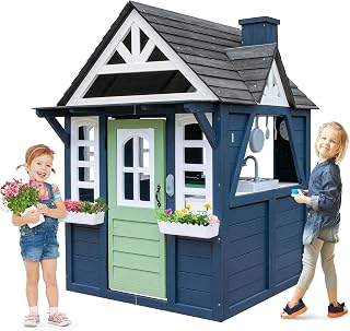 Fir Wood Outdoor Playhouse with Doorbell, Toy Sink and Flower Boxes - Blue