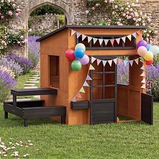 Wooden Outdoor Playhouse with Picnic Table, Half Door and Windows