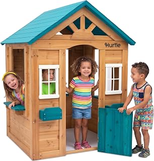 Wooden Outdoor Playhouse with Flower Boxes and Windows
