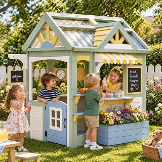 Cedar Wooden Outdoor Playhouse with Play Kitchen, Chalkboard and Flower Boxes - Green