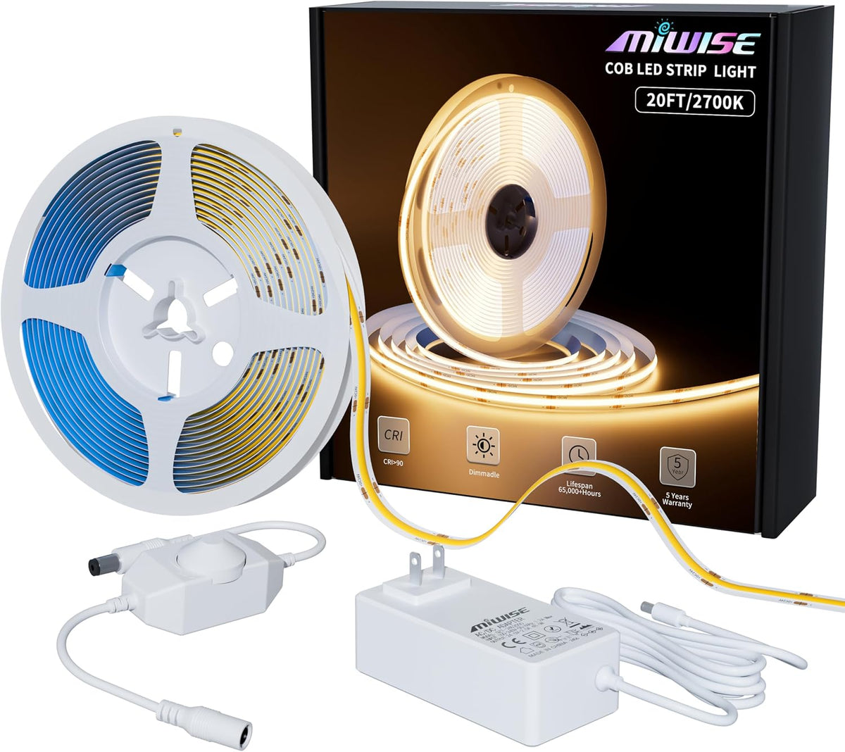Warm white COB LED strip light running along a ceiling cove in a modern room
