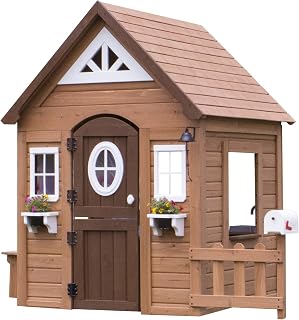 Cedar Wooden Outdoor Playhouse with Play Kitchen, Half Door and Flower Boxes