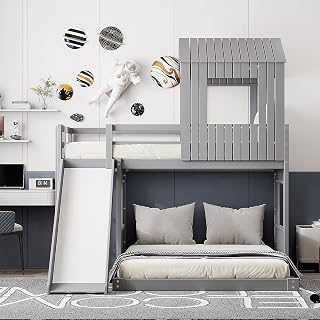 Twin Over Full House Bunk Bed with Slide and Windows - Gray