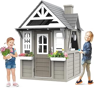 Fir Wood Outdoor Playhouse with Doorbell, Toy Sink and Flower Boxes - Gray