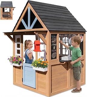 Outdoor Playhouse with Play Kitchen, Chalkboard and Pet Door