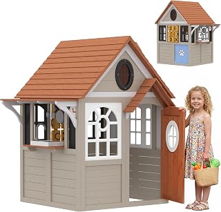 Wooden Outdoor Playhouse with Pet Door and Door - Gray