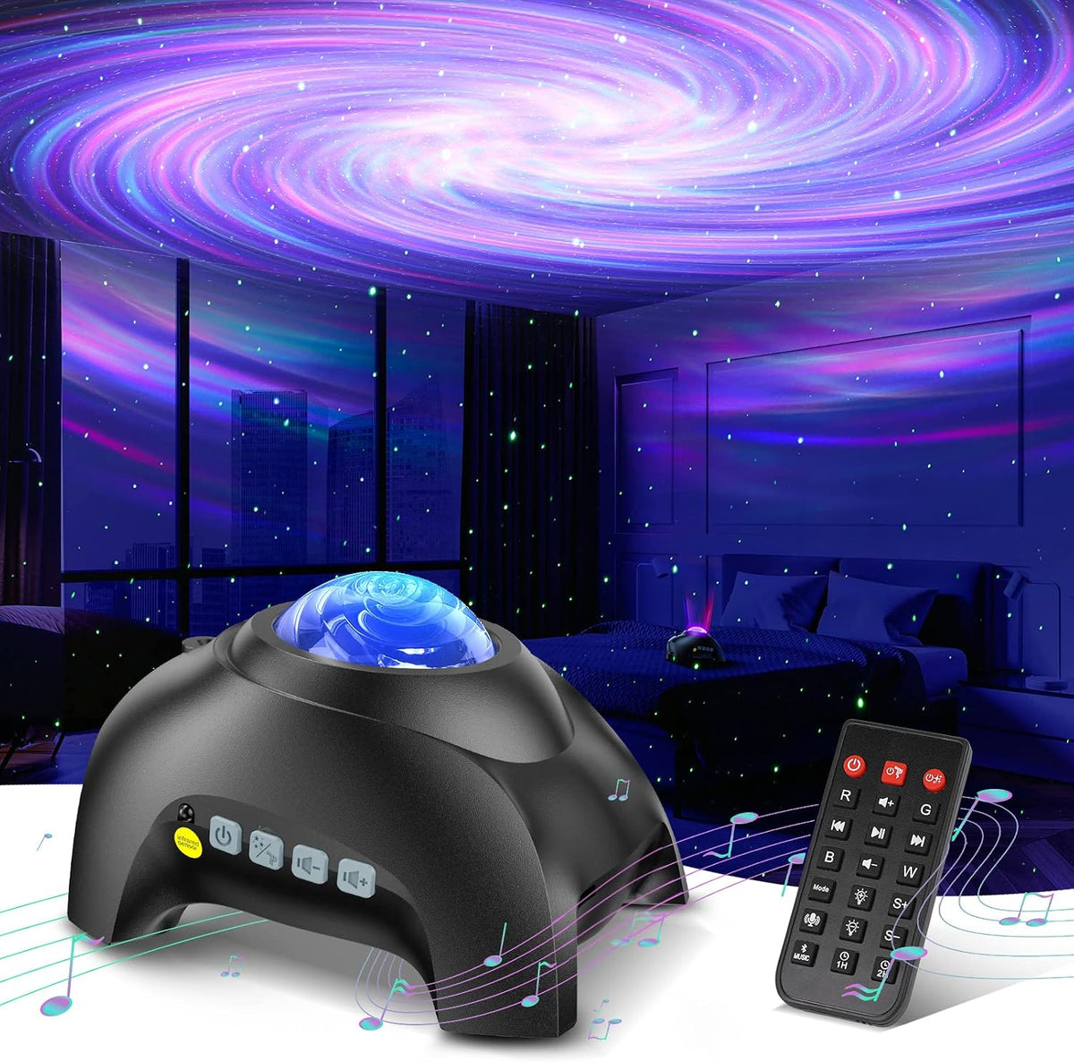 Galaxy aurora star projector night light casting nebula stars across a bedroom ceiling