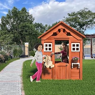 Wooden Outdoor Playhouse with Flower Boxes and Windows - Red