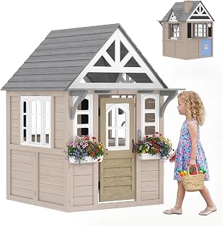 Wooden Outdoor Playhouse with Pet Door and Door - Gray
