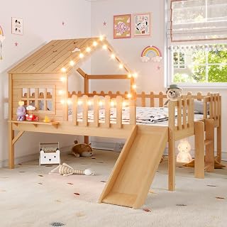 Full Size House Loft Bed with Slide, Windows and Lights - Natural