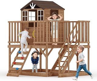 Elevated Cedar Wooden Outdoor Playhouse with Climbing Wall, Sandbox and Ladder