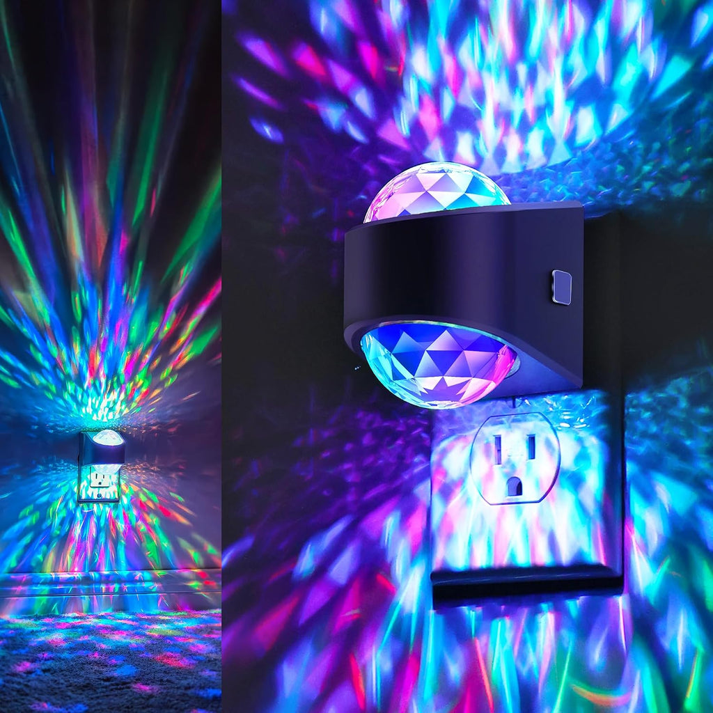 Plug in projector night light casting a soft white glow across a dark bedroom wall