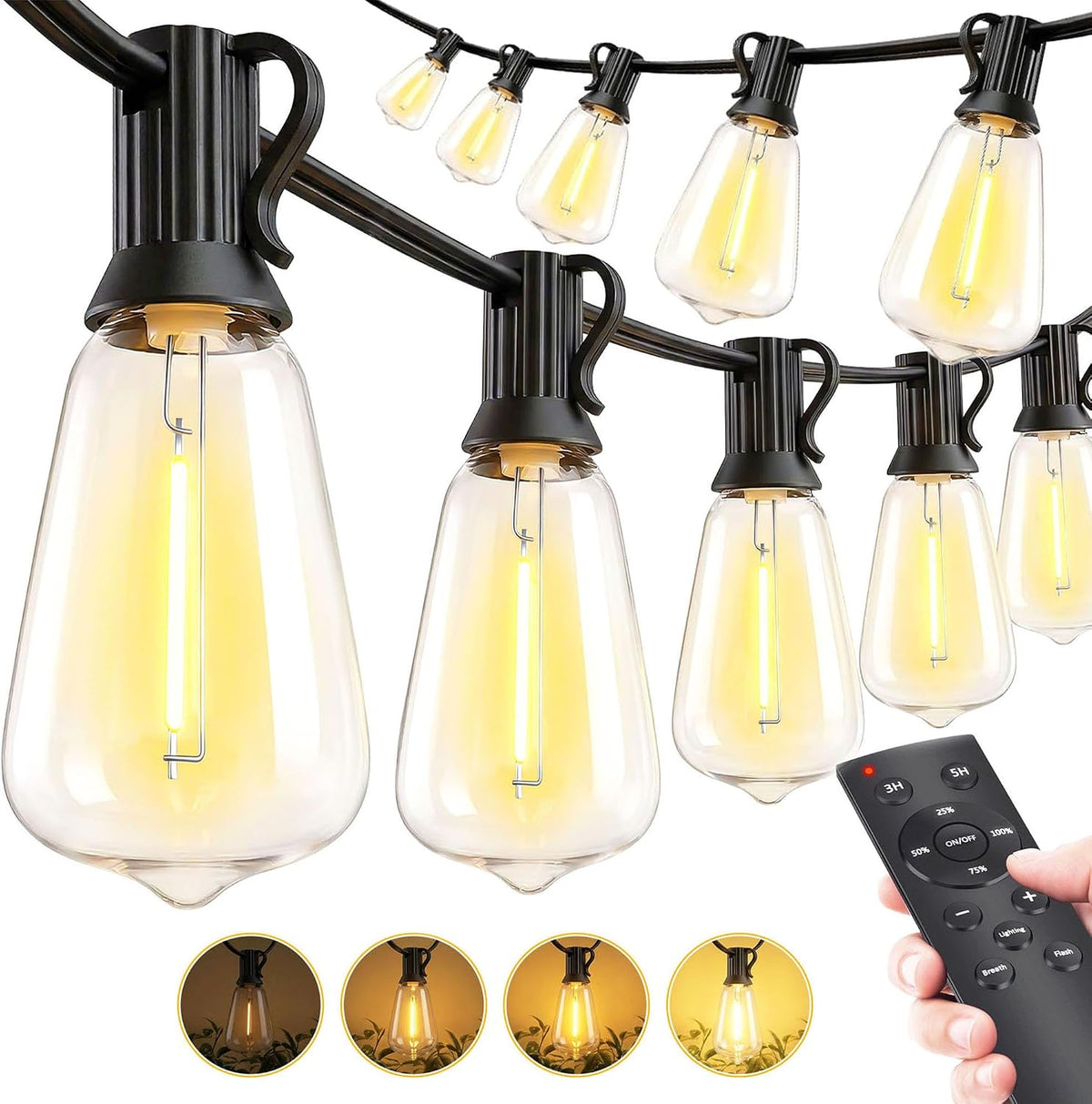 Outdoor string lights with vintage style bulbs hanging over a patio at dusk