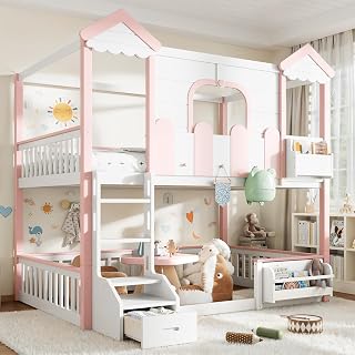 Full Over Full House Bunk Bed - Pink