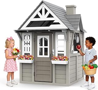 Cedar Wooden Outdoor Playhouse with Play Kitchen, Doorbell and Flower Boxes - Gray