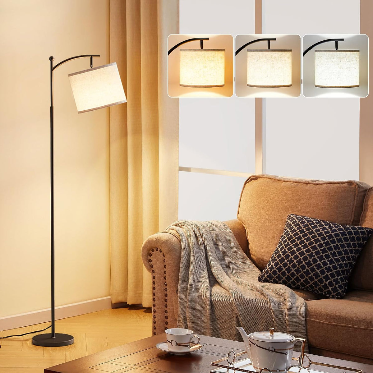 Modern floor lamp with beige linen shade lighting a reading chair in a living room