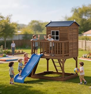 Wooden Kids Activity Playset with Wave Slide, Sandbox and Ladder - Brown