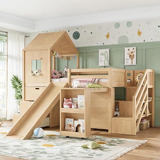 Twin Size House Loft Bed with Slide, Storage and Desk - Natural