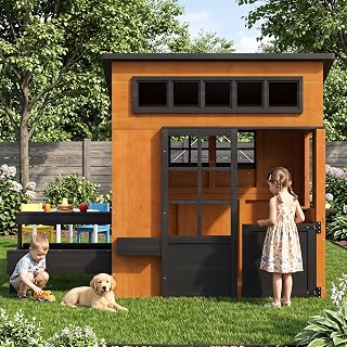 Wooden Outdoor Playhouse with Play Kitchen, Picnic Table and Half Door - Natural / Black