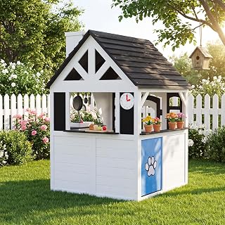 Wooden Outdoor Playhouse with Play Kitchen and Chalkboard - White