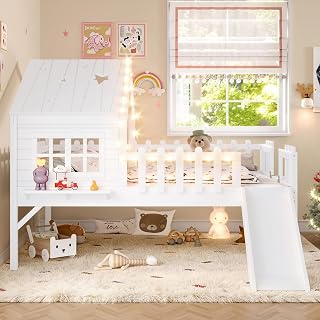 Full Size House Loft Bed with Slide and Lights - White